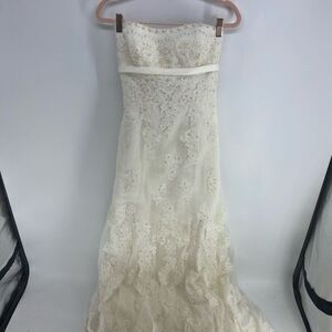 White On Women's White Vintage Strapless Beaded Lace Overlay Wedding Dress XS